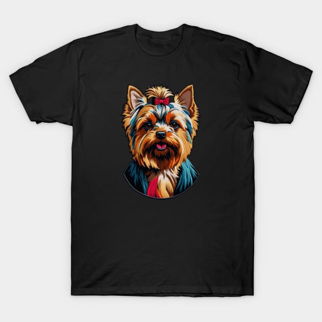 Yorkie with Bow Embroidered Patch T-Shirt by Xie